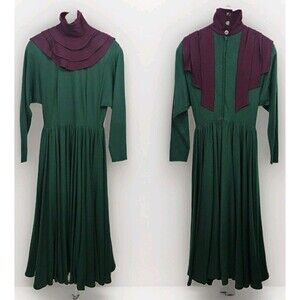 VTG Steven Stolman Midi Dress Green Purple Bib Collar Long Sleeve Avant Garde 10